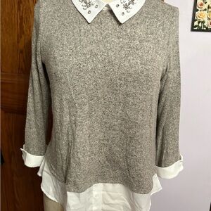 Faith and Joy Grey Layered Knit Top with Embellished White Collar Blouse
